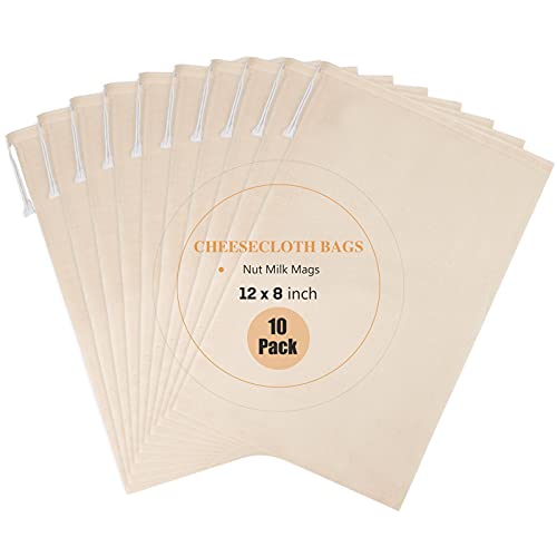 10 Pack Nut Milk Bag, 8‘’ x 12‘’ Fine Mesh Grade Reusable Cheesecloth Bags Strainers, Unbleached Organic Cotton Filter Bags for Almond Milk, Juices, ColdBrew, Cheese, Tea, Yogurt, Coffee - size: 8 x 12 inch
