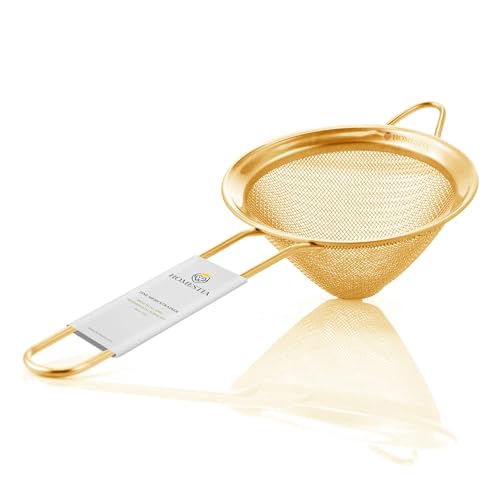 Homestia Fine Mesh Strainer for Kitchen, 304 Stainless Steel Sieve Sifters Cocktail Strainer for Food, Tea, Oil, Noodles, Coffee, Juice, Flour, Fruits, Vegetables - Easy to Clean Drink Strainer (Gold) - color: Gold, size: 1PC