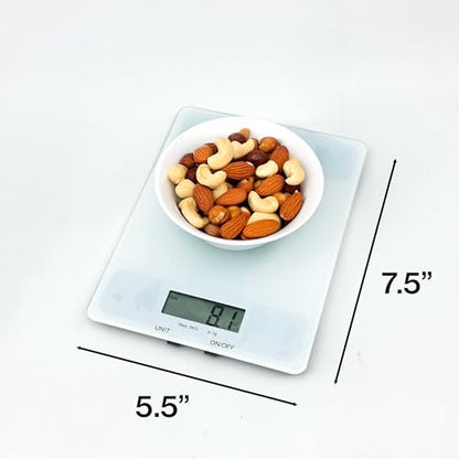 Glass Platform Digital Kitchen Scale - for Food Coffee Lab - LCD Display gram Ounces lb:oz fl.oz ml - 11 LB/5 KG Capacity - Battery Included - White by The Display Guys - color: Glass - White