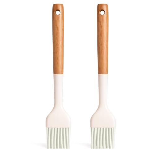 Silicone Basting Pastry Brush 2 PCS Silicone Oil Brushes with Wooden Handle Durable Heat Resistant Kitchen Brush for Cooking Baking Grilling Spreading BBQ Oil Butter Easy to Clean