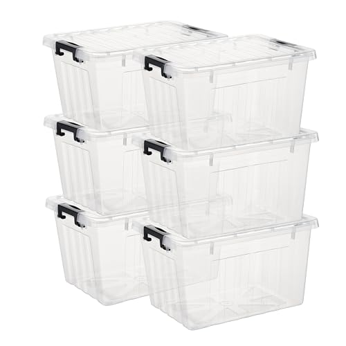 Cetomo Lidded Storage Bin, Stackable Storage Box with Lid and Snap Lock, Clear Platsic Bin for Dorm, Bedroom, Closet, 18 Quart, Pack of 6