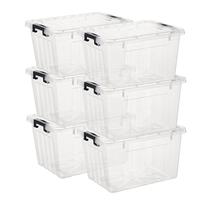 Cetomo Lidded Storage Bin, Stackable Storage Box with Lid and Snap Lock, Clear Platsic Bin for Dorm, Bedroom, Closet, 18 Quart, Pack of 6