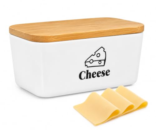 Cheese Container for Refrigerator, Ceramic Cheese Keeper with Airtight Bamboo Lid, Lunch Deli Meat Containers for Fridge,Shredded Cream Block Sliced,Grated,Cheddar Cheeses Storage Box Saver keeper