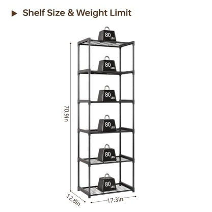 6-Tier Storage Shelves with Plastic Connectors – Metal Shelf Organizer for Pantry, Closet & Bathroom, Space-Saving Sturdy Shelving Unit Rack, Black， 17.3" x 12.8" x 70.9" - size: 17.3" x 12.8" x 70.9"(6T)