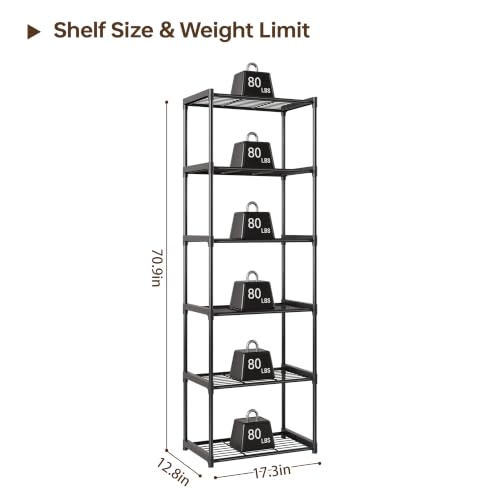 6-Tier Storage Shelves with Plastic Connectors – Metal Shelf Organizer for Pantry, Closet & Bathroom, Space-Saving Sturdy Shelving Unit Rack, Black， 17.3" x 12.8" x 70.9" - size: 17.3" x 12.8" x 70.9"(6T)