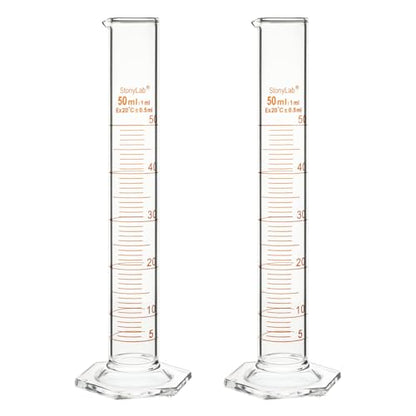 stonylab Graduated Cylinder, 2-Pack B Grade Borosilicate Glass Cylinder with Stable Hexagonal Base, 50 ml - size: 50 ml
