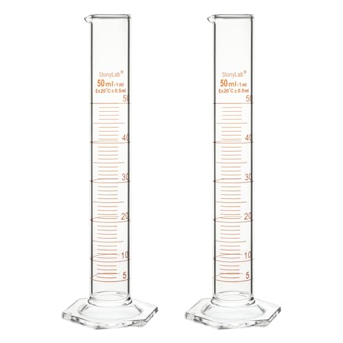 stonylab Graduated Cylinder, 2-Pack B Grade Borosilicate Glass Cylinder with Stable Hexagonal Base, 50 ml - size: 50 ml