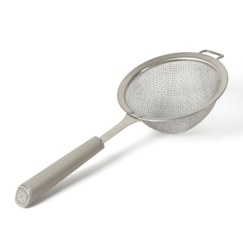 Calphalon Edge Stainless Steel Mesh Strainer with Thermoplastic Rubber Handle, Fine Kitchen Sieve for Draining, Rinsing, Sifting & Food Prep Tasks, Taupe - color: Taupe w/ Rubber Handl (Edge - Strainer)