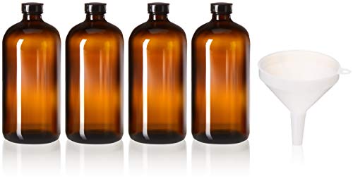 kitchentoolz 32 oz Amber Glass Bottles with Funnel – 4 Pack Boston Round Growlers with Polycone Seal Caps for Kombucha Brewing, Juices, Oils, and Film Processing