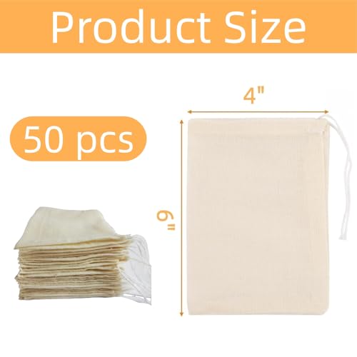 50-Pack Natural Unbleached Cotton Muslin Drawstring Bags,Reusable Tea Bags for Loose Leaf Tea/Spice Bags for Cooking Soup/Herb/Cooking -Small Cotton Cheese Cloth Bag for Straining (4x6") - size: 4x6"
