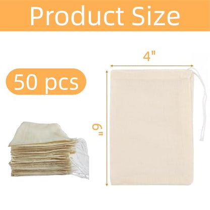 50-Pack Natural Unbleached Cotton Muslin Drawstring Bags,Reusable Tea Bags for Loose Leaf Tea/Spice Bags for Cooking Soup/Herb/Cooking -Small Cotton Cheese Cloth Bag for Straining (4x6") - size: 4x6"
