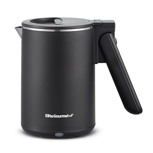Elite Gourmet Dual Voltage 120-230V, Travel Double Wall Insulated Cool-Touch, 0.6L Electric Kettle Stainless Steel Interior, Hinged-Locking Lid, Auto Shut-Off, Boil Dry Protection, Black - size: 0.6 Quarts
