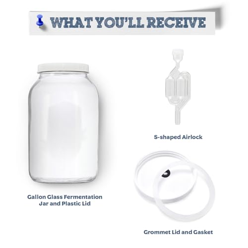 Glass One Gallon Fermentation Jar with Grommet Lid and S-Shaped Airlock - Airtight Seal With Air Lock Create the Perfect Brewing Vessel For Small Batch Fermenting