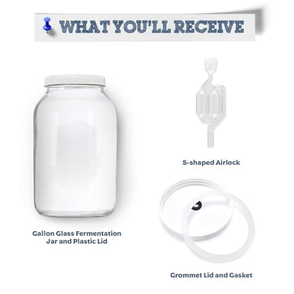 Glass One Gallon Fermentation Jar with Grommet Lid and S-Shaped Airlock - Airtight Seal With Air Lock Create the Perfect Brewing Vessel For Small Batch Fermenting