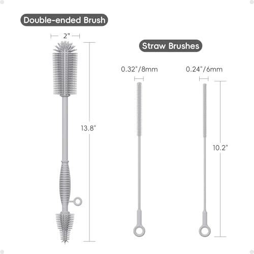 Silicone Cleaning Brush Kit,Water Bottle and Straw Cleaner Brush Set for Tumbler,Baby Bottle,Breast Pump Part,Nipple,Sippy Cup,Glass,Dishwasher Safe,BPA Free,3 Pcs - color: Gray