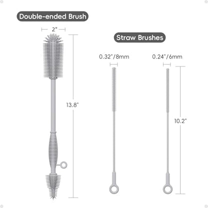 Silicone Cleaning Brush Kit,Water Bottle and Straw Cleaner Brush Set for Tumbler,Baby Bottle,Breast Pump Part,Nipple,Sippy Cup,Glass,Dishwasher Safe,BPA Free,3 Pcs - color: Gray