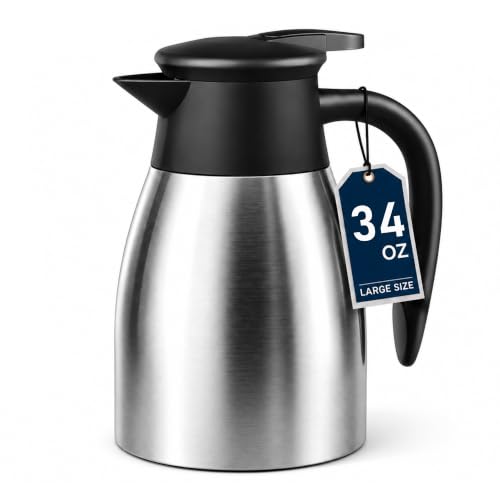 Thermal Coffee Carafe for Keeping Hot – 34OZ / 1L Stainless Steel Vacuum Insulated Coffee Carafe – Double Wall Dispenser for Hot Liquids, Tea & Hot Water (Silver) - color: Stainless Steel, size: 34 Ounces