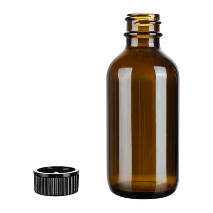 Restaurantware Vetri 2 Ounce Boston Glass Bottles, 48 Sample Bottles With Black Phenolic Caps - Dishwashable, Round, Amber Glass Bottle, For Potion, Juice, Ginger Shots, Whiskey, Liquids - color: Amber, size: 2 oz