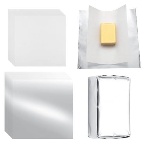 500 Pack Butter Paper Set Butter Wrapping 250 Aluminum Foil Sheets 250 Silicone Oil Papers Pre-cut Wrappers for Homemade Chocolate and Food Storage 2 Sizes