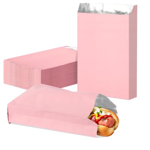 EUSOAR Foil Bags for Food, 100 Pcs 4.7"x8.6"x1.6" Pink Hot Sandwich Bags Aluminum Grease Kitchen Bag Pouches, Hot Dog Wrappers Fast Food Storage Greaseproof Bag for Sacks Burger Wrapping Take-out - color: Pink, size: 4.7x8.6x1.6 Inch