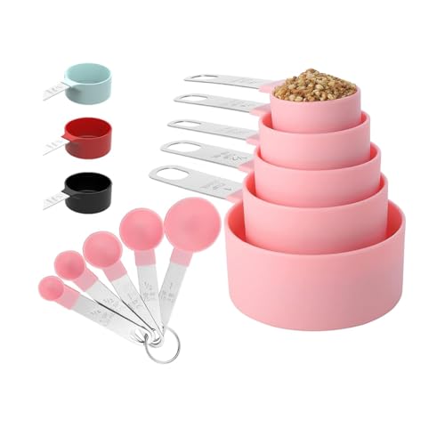 10Pcs Measuring Cups & Spoons Set, Stackable Cups and Spoons, Nesting Measure Cups with Stainless Steel Handle, Kitchen Gadgets for Cooking & Baking (Pink) - color: Pink