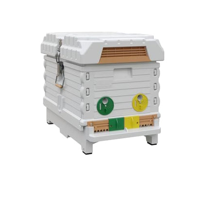Apimaye Insulated 7 Frame Langstroth Nucleus Assembled Bee Hive Set with Built in Screened Bottom Board, Entrance Reducers and Top Feeders (White) [Plastic PRO Frames and Premier Foundations]