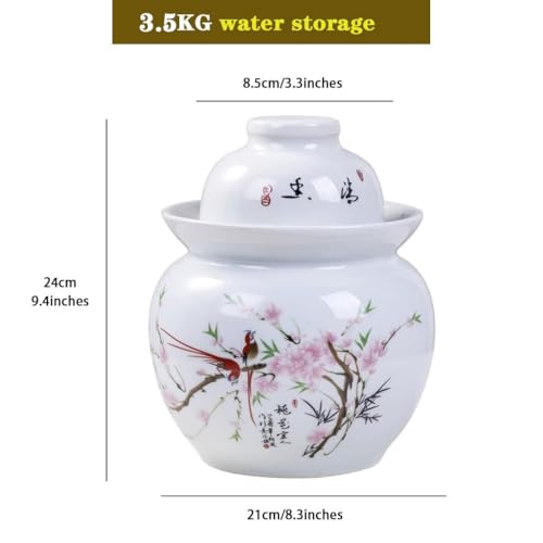 Peach Blossom and Bird Pattern Pickle Jar, Jingdezhen Porcelain with Ink Painting, Double-lid Fermentation Crock, Water-Sealed Ceramic Kimchi Jar(3.5kg/123.4oz) - size: 3.5kg/123.4oz
