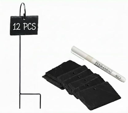 Leaf & Living Stone Plate Label for Plants, 12 pcs Natural Stone Plates, Black Stainless Steel Hangers, Weatherproof and Rust-Free, White Permanent Marker(12Plates & 12 Hanger & 1 Marker) - size: 12 Labels & Hangers