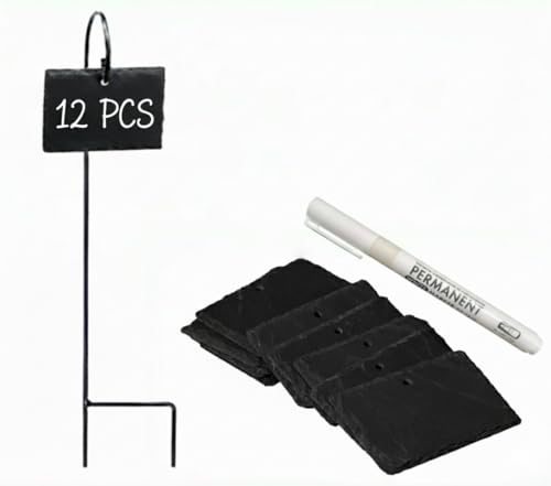 Leaf & Living Stone Plate Label for Plants, 12 pcs Natural Stone Plates, Black Stainless Steel Hangers, Weatherproof and Rust-Free, White Permanent Marker(12Plates & 12 Hanger & 1 Marker) - size: 12 Labels & Hangers