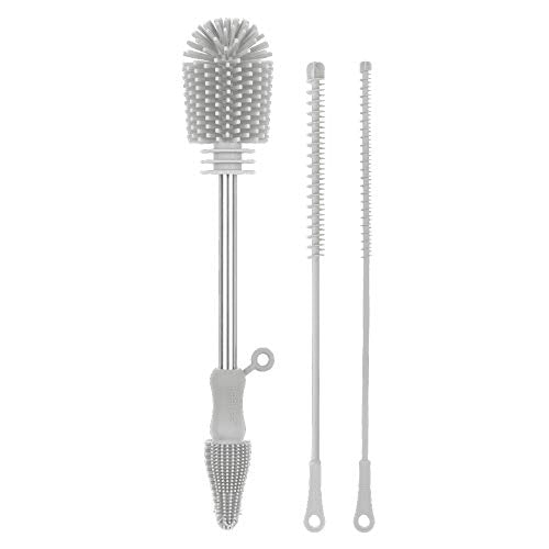 Haakaa Silicone Cleaning Brush Kit – Household Cleaning Brushes for Bottles and Crevices – Food-Grade Silicone: Dishwasher Safe (Kit-Grey) - color: Kit-grey