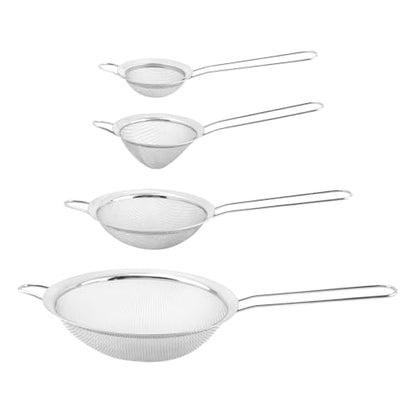 Fine Mesh Strainer Set 4 Pack Stainless Steel Kitchen Sieves | Four sizes for tea, coffee, flour, sugar, rice, and quinoa, includes 3 round sieves and 1 conical strainer
