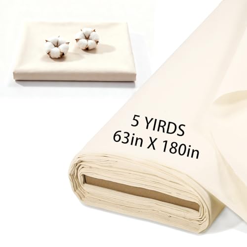 5 Yards 100% Cotton Unbleached Muslin Fabric, 63 Inch X 5 Yards by The Yard, Medium & Light Weight Draping Fabrics Suitable for Sewing, Embroidery, Garments, Apparel Cloth and Crafts Material-Natural