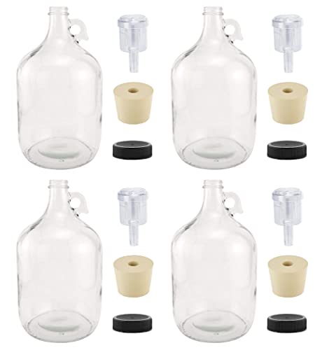 North Mountain Supply 1 Gallon Glass Fermenting Jug Set of 4 with Handle, Airlock, Lid and 2 Ounce Potassium Sorbate Wine Stabilizer