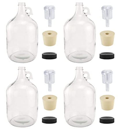 North Mountain Supply 1 Gallon Glass Fermenting Jug Set of 4 with Handle, Airlock, Lid and 2 Ounce Potassium Sorbate Wine Stabilizer