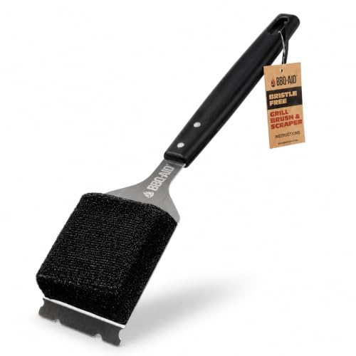 Bristle Free Grill Brush Cleaner and Scraper for Barbecue, Replaceable Head | Safe Bristle-Free Stainless Steel Scrub Pad with Heavy-Duty Scraper & Long Black Handle, Safe on Any Grill Grate - color: Black