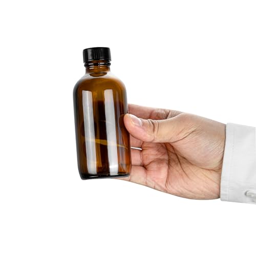 Restaurantware Vetri 4 Ounce Boston Glass Bottles, 24 Sample Bottles With Black Phenolic Caps - Dishwashable, Round, Amber Glass Bottle, For Potion, Juice, Ginger Shots, Whiskey, Liquids - color: Amber, size: 4 oz