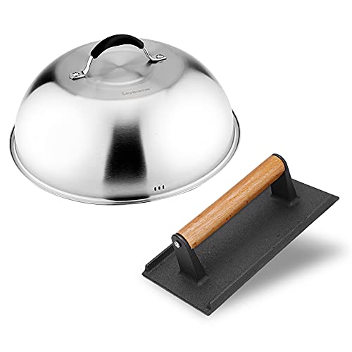 Skyflame 12'' Cheese Melting Dome and 8'' Burger Press Set | Stainless Steel Cover, Bacon Smasher, 2pcs Griddle Accessories Set, Flat Top Grill BBQ Tools, Easy to Store, Dishwasher Safe