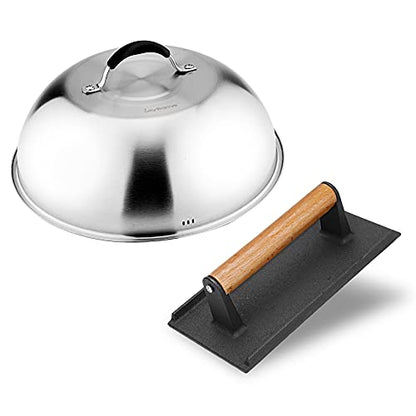 Skyflame 12'' Cheese Melting Dome and 8'' Burger Press Set | Stainless Steel Cover, Bacon Smasher, 2pcs Griddle Accessories Set, Flat Top Grill BBQ Tools, Easy to Store, Dishwasher Safe