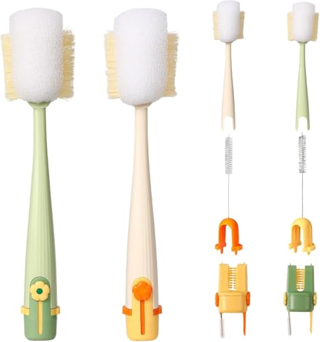5-in-1 Bottle Cleaning Brush Set, Multifunctional Kitchen Lid Scrubber with Long Handle, Portable Brush Tools for Cups, Hard Bristle Sponge Head(2 Pack)
