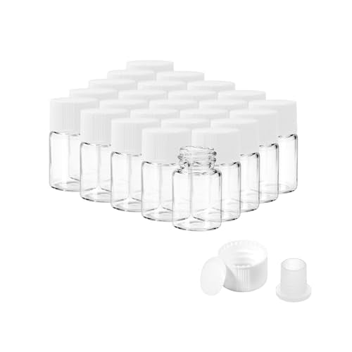 2ml Clear Glass Vials with Screw Caps and Plastic Stoppers, 1/2 Dram Small Liquid Sample Vial, Leak-Proof Vial, 25PCS(White Cap) - color: CLEAR, size: 2ml