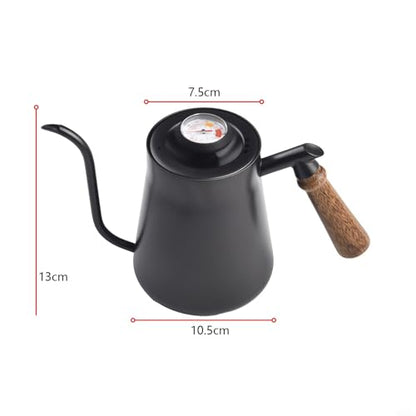 Stainless Steel Gooseneck for kettle With Thermometer, 650 850ML Narrow Spout Coffee Pot For Pour Over Brewing At Home Or Cafe(650ML Black)