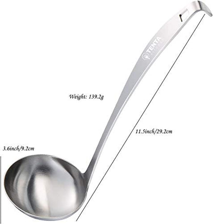 Tenta Kitchen 3oz/85ml Stainless Steel Small Soup Ladle Spoon Stainless Steel,11.5"x 3.6" – One-piece Professional Ladle With Hook And Hole For Convenient Hanging - size: 3oz Solid Ladle