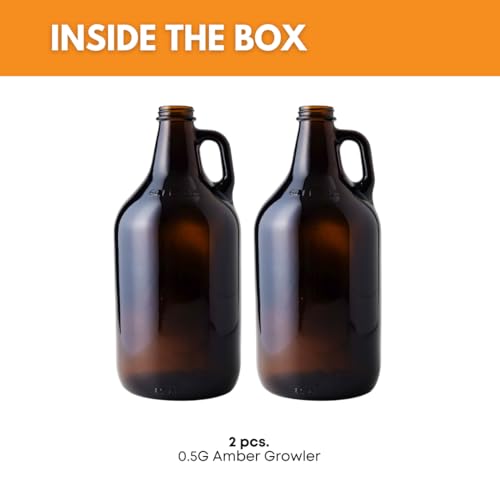 FastRack 64 oz Amber Glass Growlers (Pack of 2) | Half Gallon Beer Growler | Reusable 1/2 Gallon Glass Jug for Homebrew, Kombucha, and Beverage Storage | NO CAPS INCLUDED