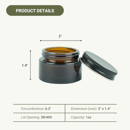 Glass Amber 1oz Jar - 12 Packs, Lead-Free Empty Round Jars For Beauty Products, Lotion, and Powders - Black Lid - Small Candle Jars - size: 1oz