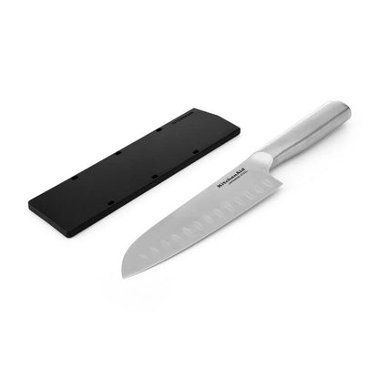 KitchenAid Gourmet Forged Stainless Steel Santoku Knife with Blade Cover, Sharp Kitchen Knife, High-Carbon Japanese Stainless Steel, 7 Inch, Brushed Stainless Steel - style: 7-Inch Santoku Knife