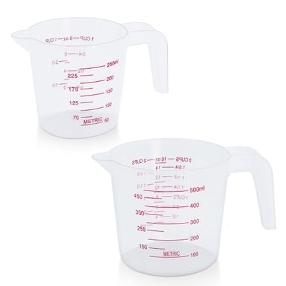 DTDNZKN 2 Pack Measuring Cup Set, 250ml (1-Cup) and 500ml (2-Cup) | Plastic Liquid Measuring Cups- Baking, Cooking, Mixing & Measuring Cups, Essential Kitchen Tools