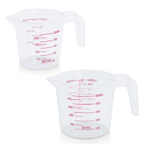 DTDNZKN 2 Pack Measuring Cup Set, 250ml (1-Cup) and 500ml (2-Cup) | Plastic Liquid Measuring Cups- Baking, Cooking, Mixing & Measuring Cups, Essential Kitchen Tools