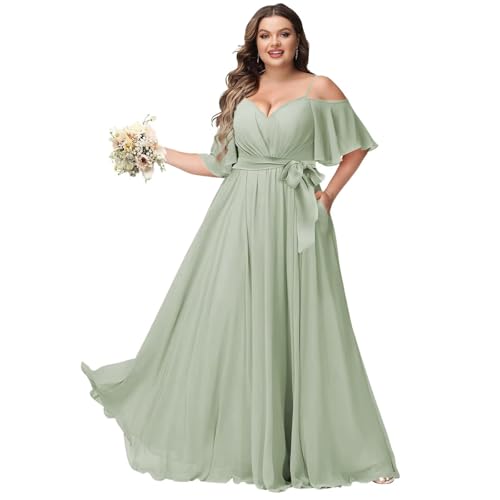 Plus Size V Neck Bridesmaid Dress with Pockets Flutter Sleeve Pleated Formal Evening Dresses ZU125 - color: Sage, size: 24 Plus