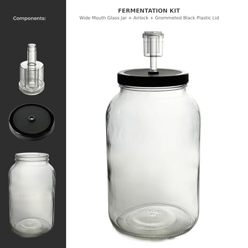 North Mountain Supply 1 Gallon Glass Jar Wide Mouth with Grommeted Black Plastic Lid, and 2-Piece Airlock - USDA, BPA-Free, Made in the USA - for Fermenting, Kombucha, and Much More!