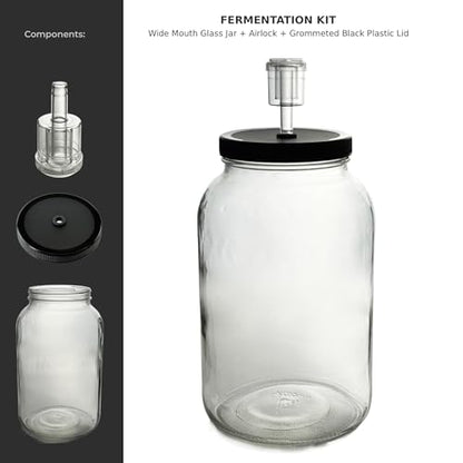 North Mountain Supply 1 Gallon Glass Jar Wide Mouth with Grommeted Black Plastic Lid, and 2-Piece Airlock - USDA, BPA-Free, Made in the USA - for Fermenting, Kombucha, and Much More!